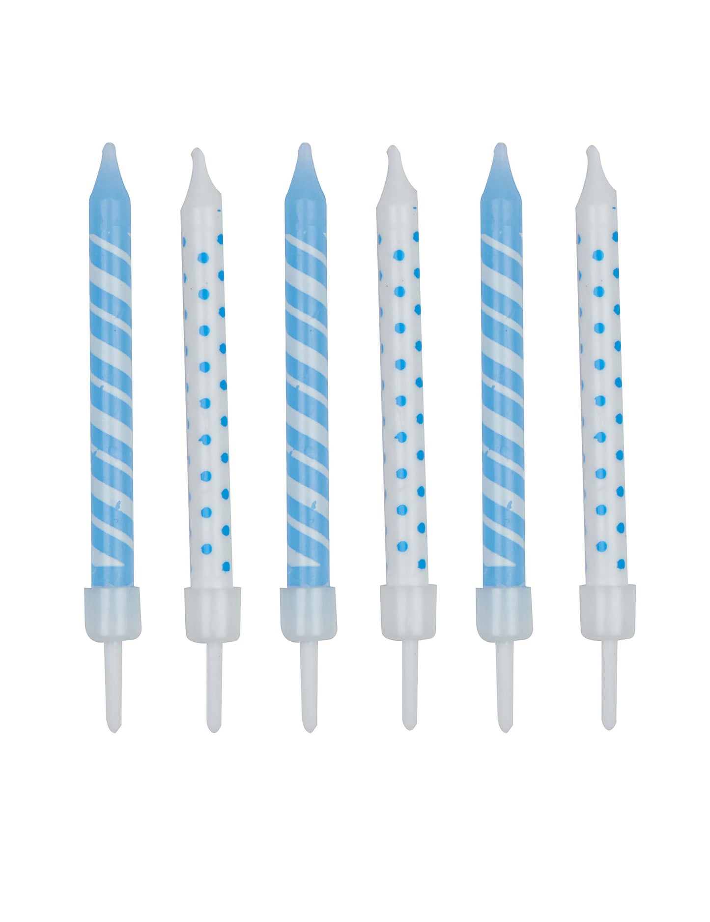 Bougies d'anniversaire rayées et à pois blanc et bleu ciel avec supports en lot de 12