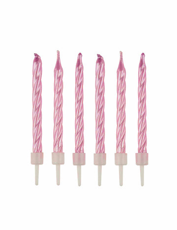 12 gyöngyházfényű, rózsaszín, spirál születésnapi gyertya 6 cm 