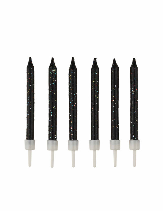 12 bougies à paillettes noires avec bobèches