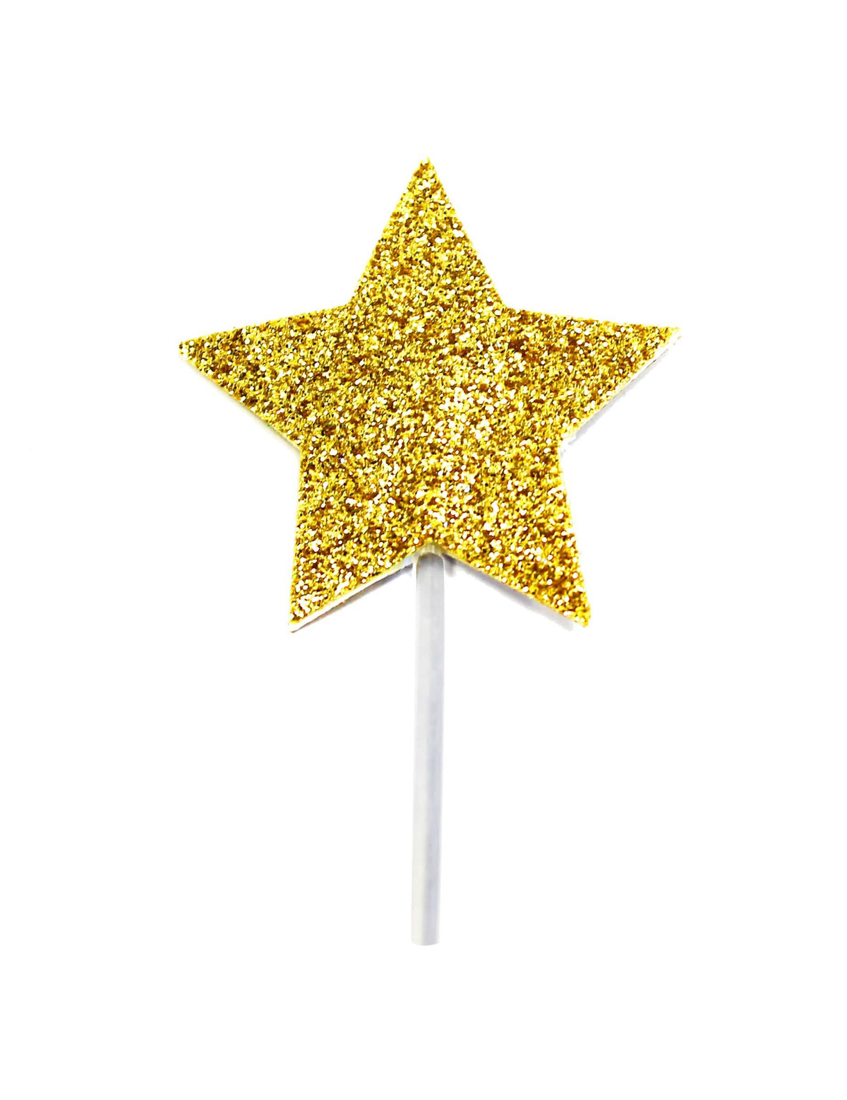Nagyított részlet a születésnapra szánt csillag alakú pálcás cake topper arany csillogásáról