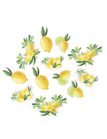 12 citrom alakú konfetti, sárga és zöld fa, asztaldísz