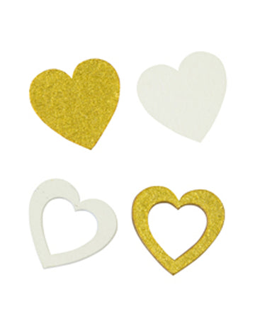 Confettis en bois cœurs pour décoration blancs et dorés ajourés et pleins