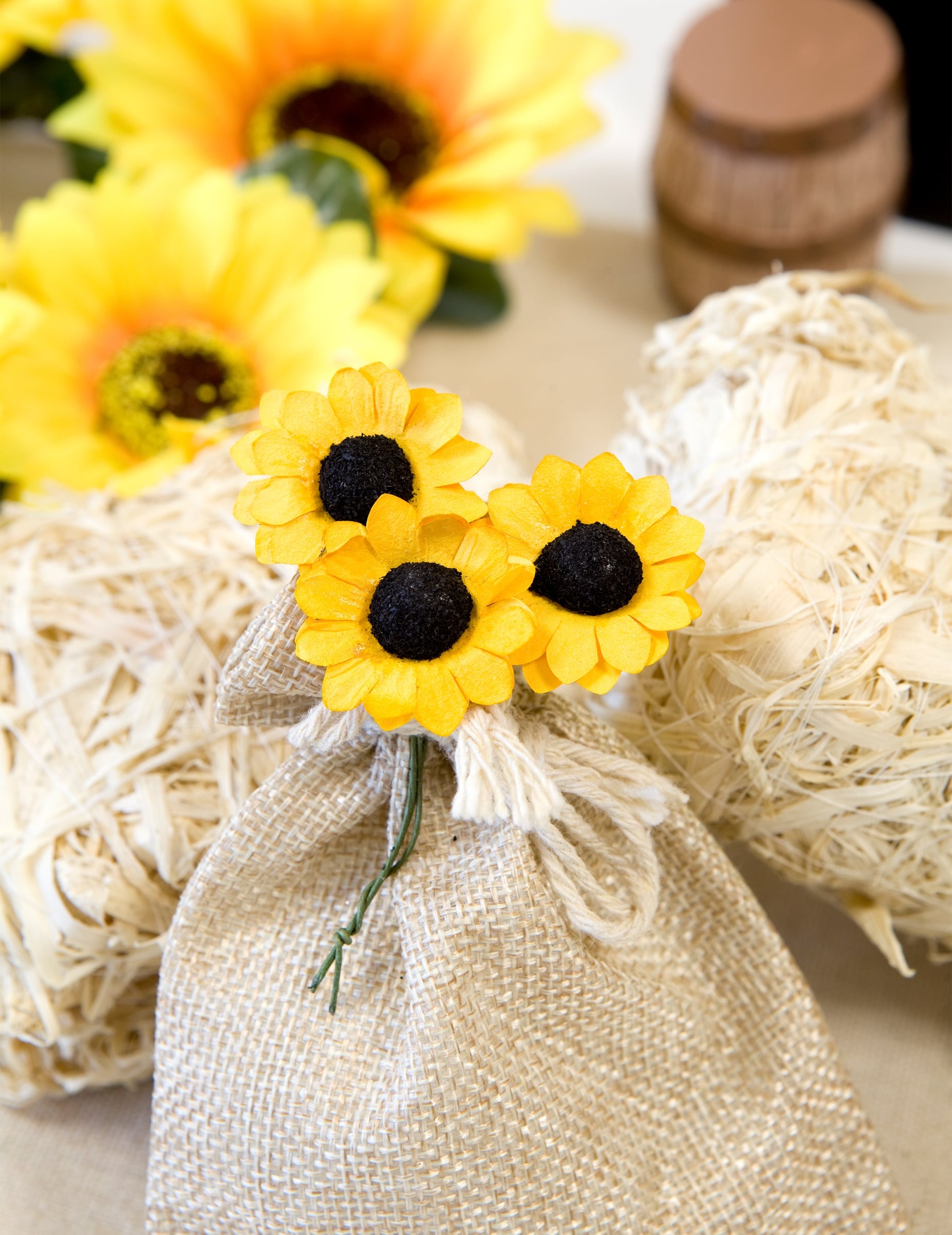 Mise en situation sur un sachet en jute des 12 fleurs des champs type tournesols