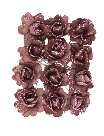 12 db rózsaszín csillogós papírvirág 9 cm rugalmas szár