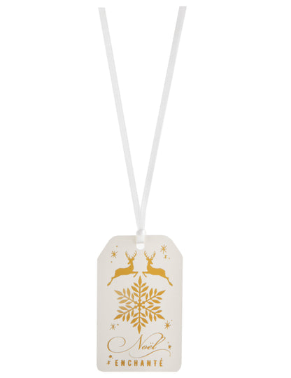 Marque-places en carton Noël enchanté pour décoration de table blanc et doré avec rubans