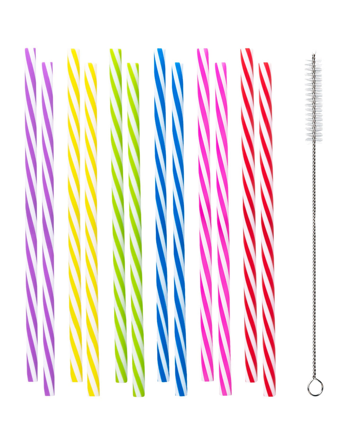 12 pailles en plastique réutilisable rayées pour fête multicolores avec goupillon de nettoyage