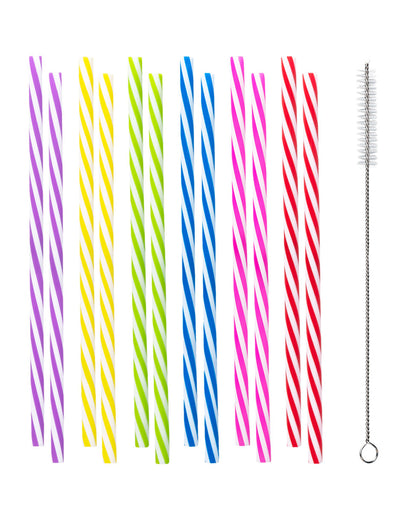 12 pailles en plastique réutilisable rayées pour fête multicolores avec goupillon de nettoyage