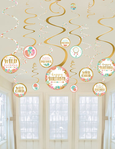 Suspensions à spirale anniversaire boho pour fête dorées et blanches avec motifs de plumes et fleurs