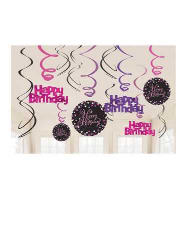 12 spirális kartondísz, csillogó rózsaszín, boldog születésnapot ünneplésre