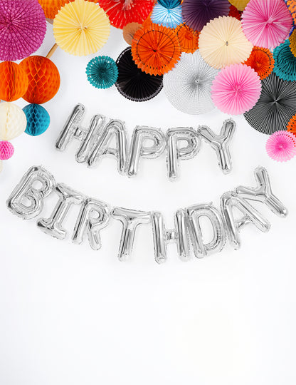 Guirlande de 13 ballons aluminium lettres Happy Birthday pour fête d'anniversaire argent