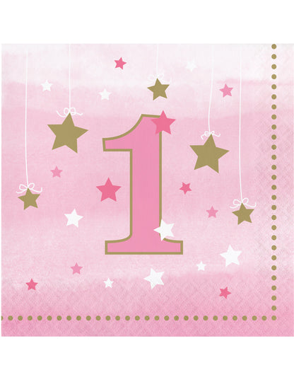 16 papírszalvéta, 1 éveseknek, One Little Star rózsaszín és arany csillagokkal