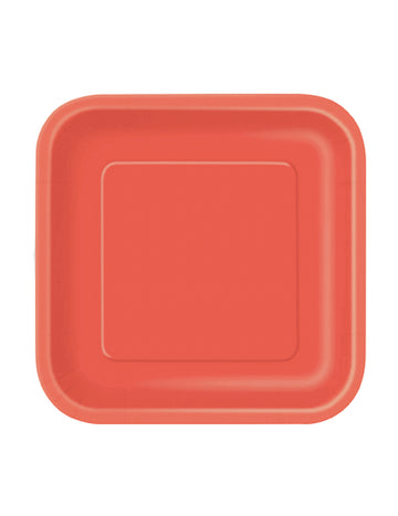 16 db kis négyzet alakú korallpiros kartontányér 17,4 cm desszertnek