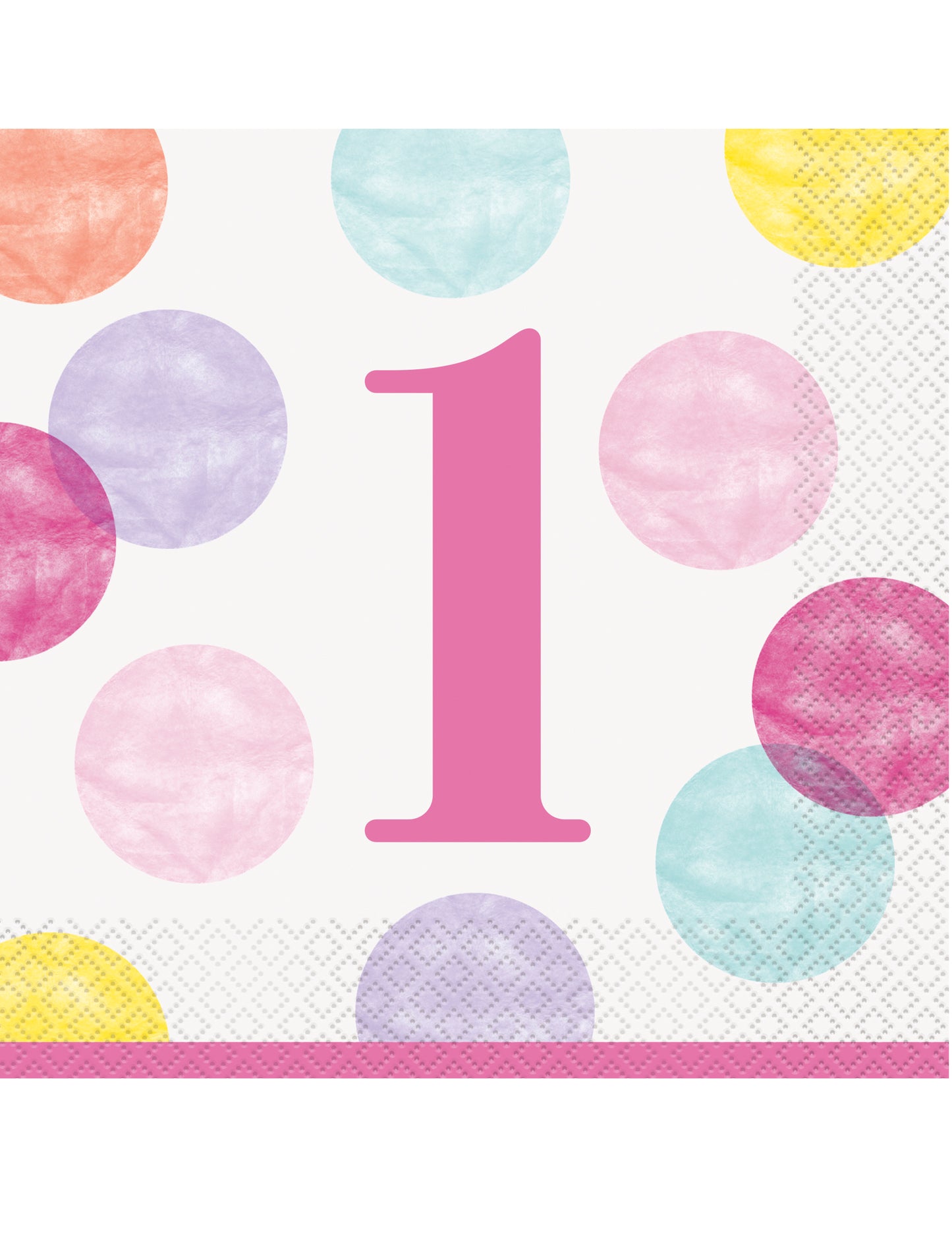 16 db rózsaszín és fehér pöttyös első születésnapi papírszalvéta, 33 x 33 cm