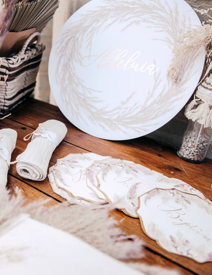 16 papír keresztelőszalvéta pampafű és pamutvirág mintával, 32 x 32 cm cm aranysárga