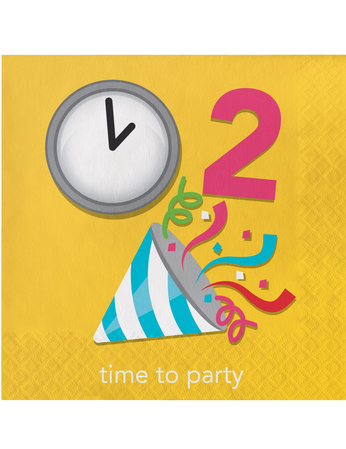 Serviettes en papier Emojions party pour anniversaire jaune avec motifs horloge et chapeau de fête
