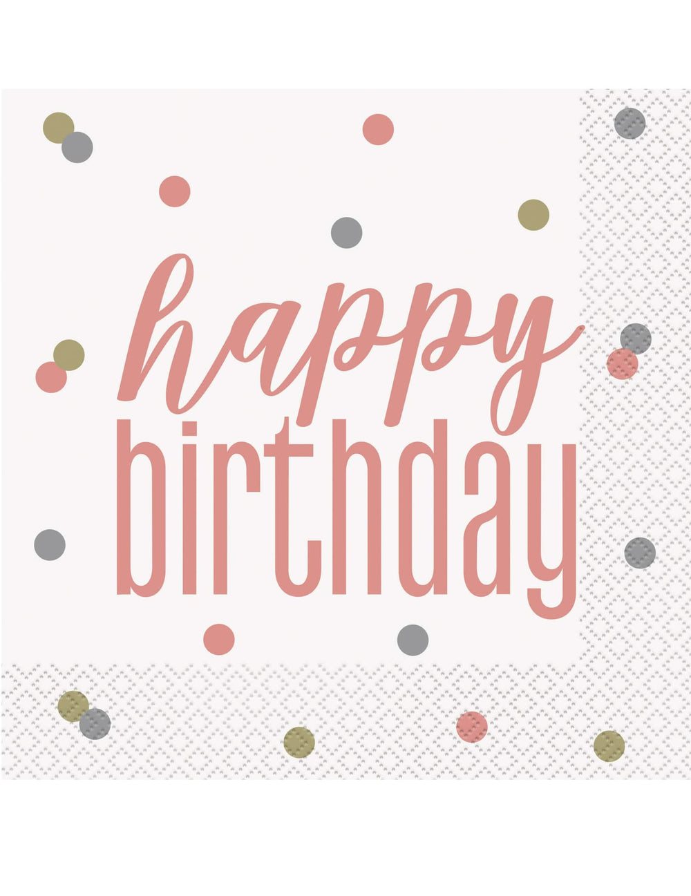papírszalvéták Happy Birthday születésnapra, fehérek és rozéarany színűek