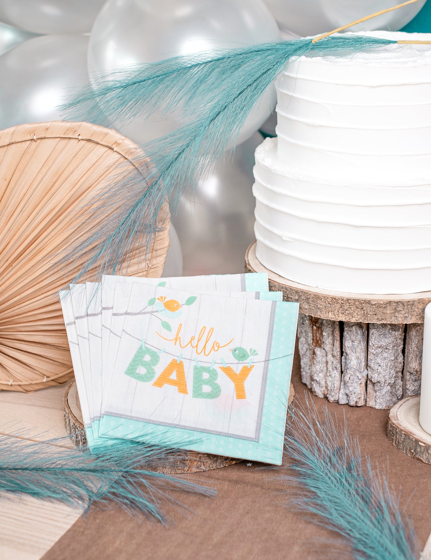 16 serviettes en papier hello baby bleu oiseaux baby shower