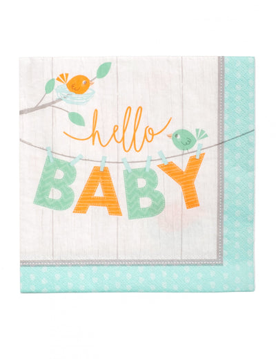 Serviettes en papier hello baby oiseaux pour baby shower bleu