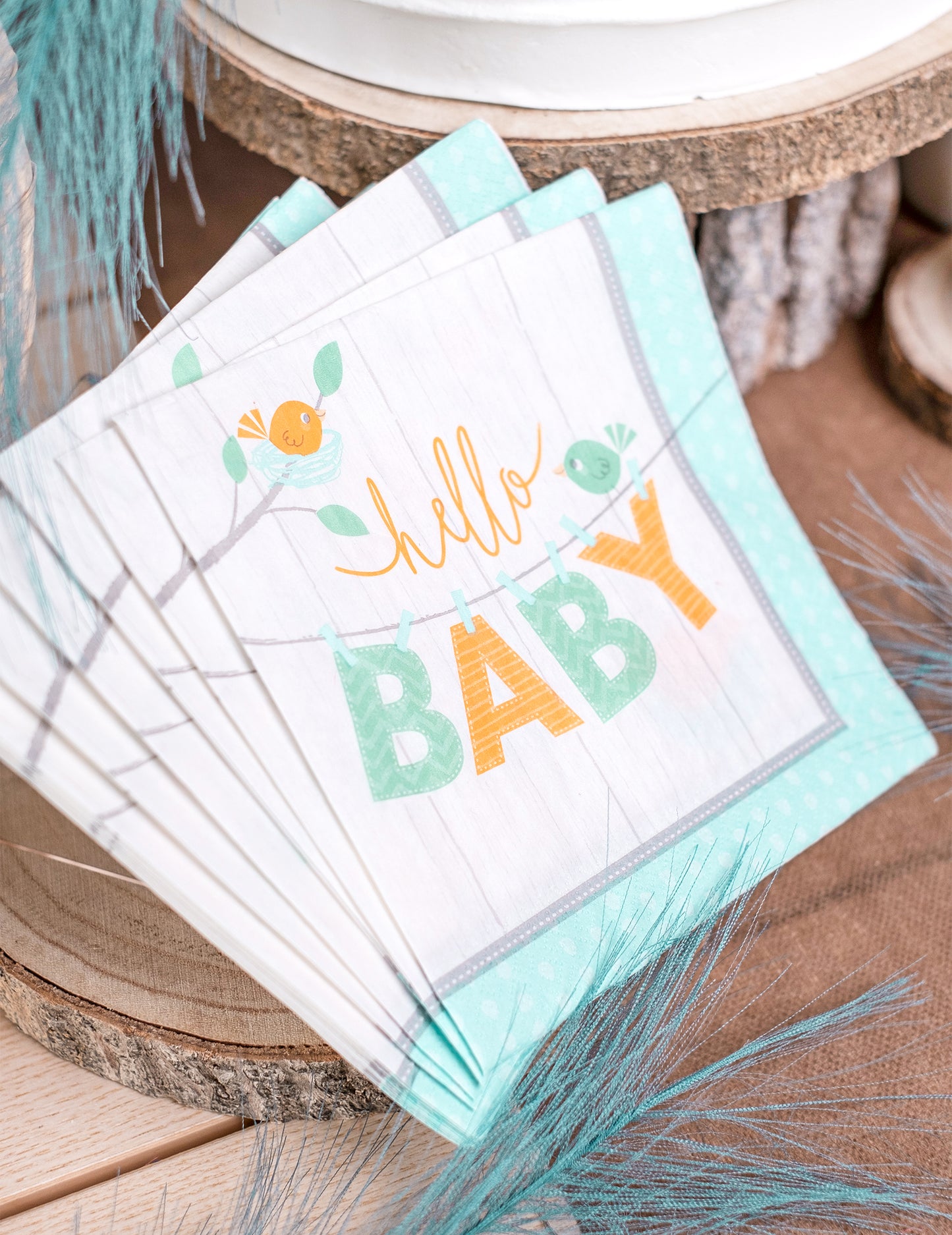 16 serviettes en papier hello baby bleu oiseaux baby shower