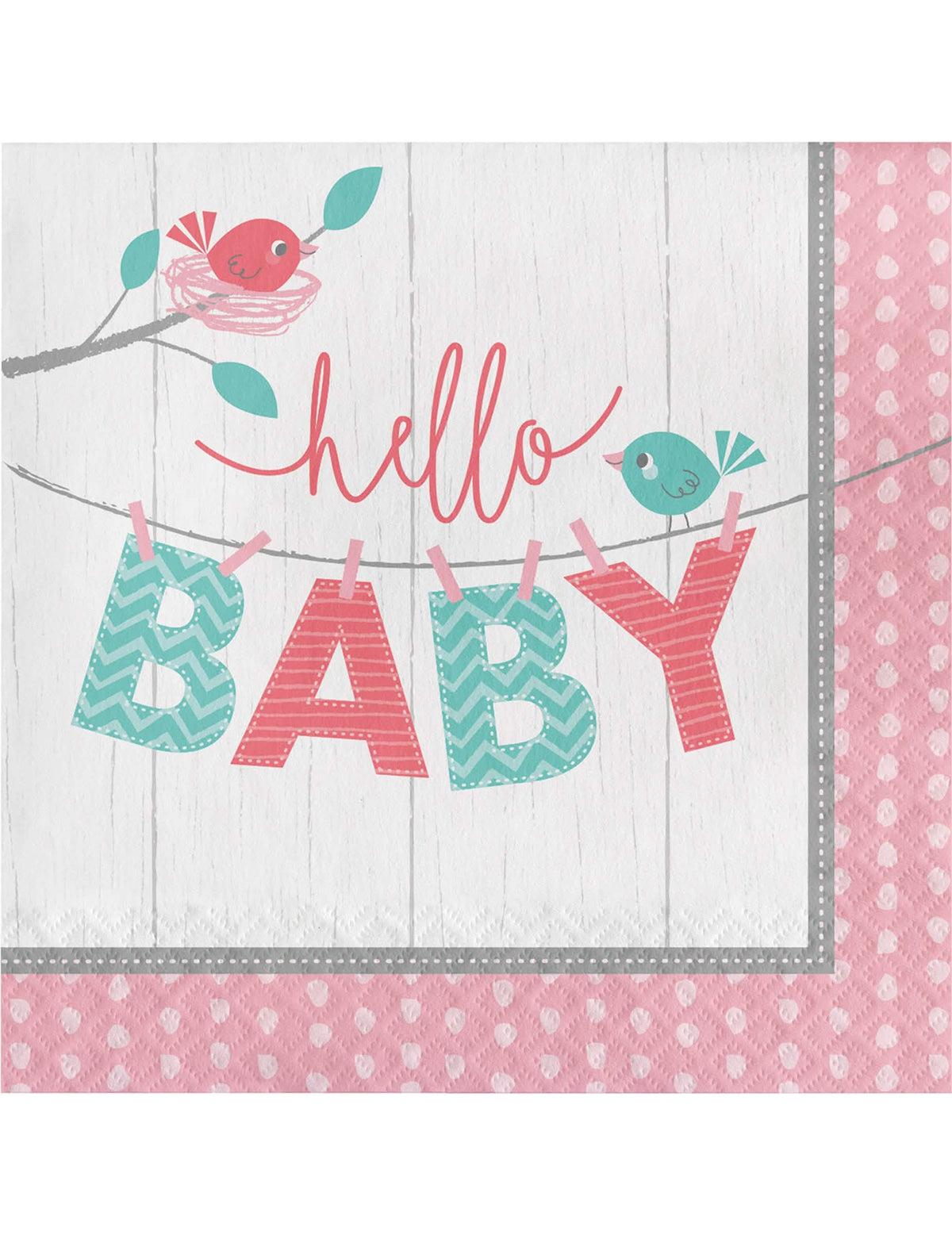 papírszalvéták Hello Baby keresztelőre, rózsaszínűek, madarakkal és fészekkel