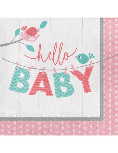 Serviettes en papier Hello Baby pour baptême roses avec oiseaux et nid