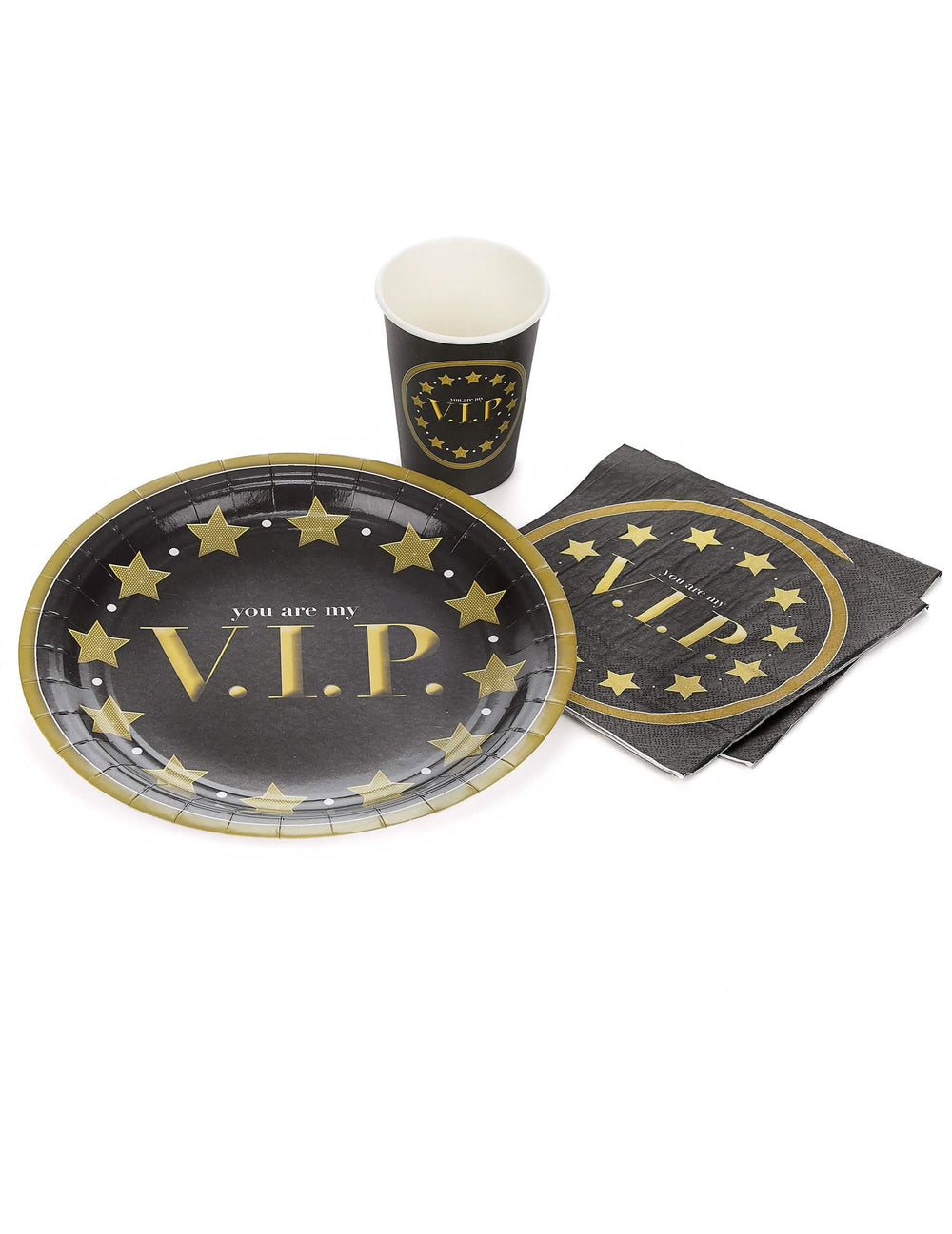 Áttekintés tányérral és hozzáillő pohárral, papírszalvéták You are my VIP