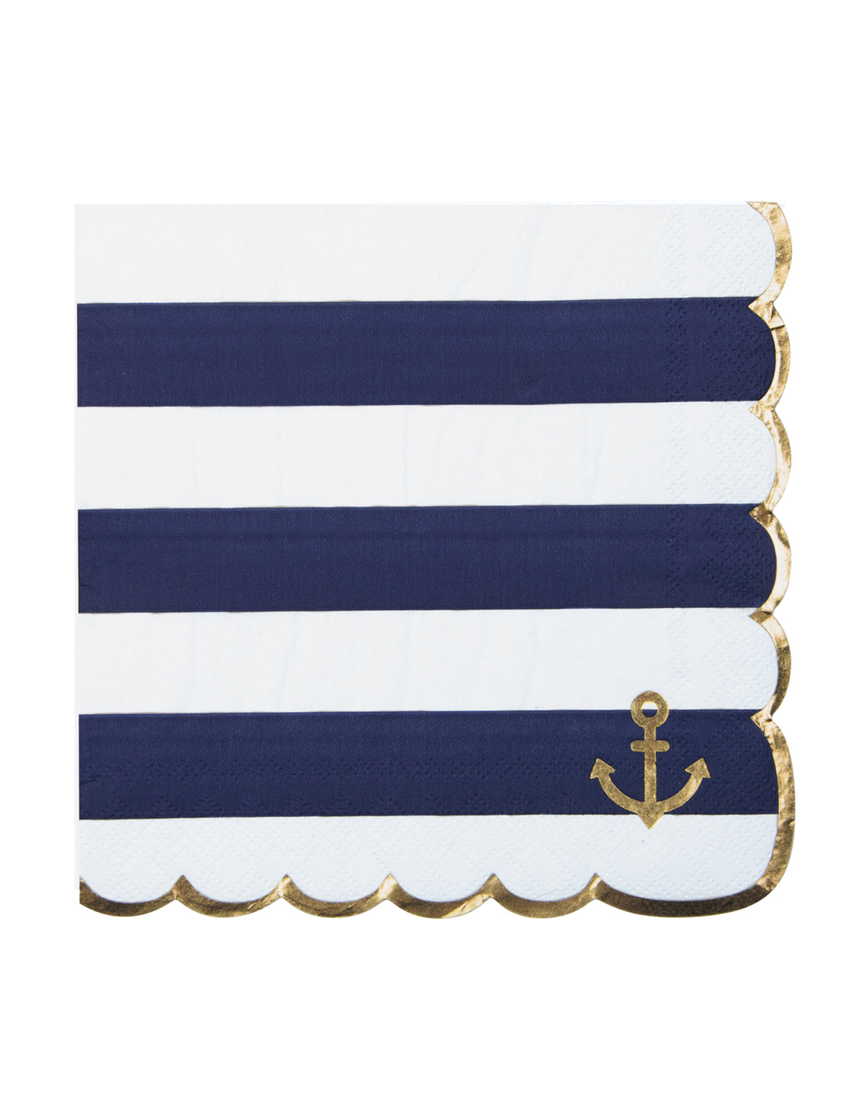 Serviettes festonnées en papier marinière bleu marine et blanc à bords dorés avec ancre