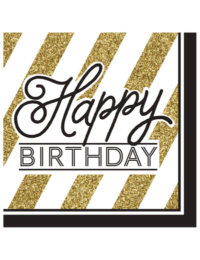 Serviettes en papier Happy Birthday pour anniversaire noires et dorées à rayures pailletées
