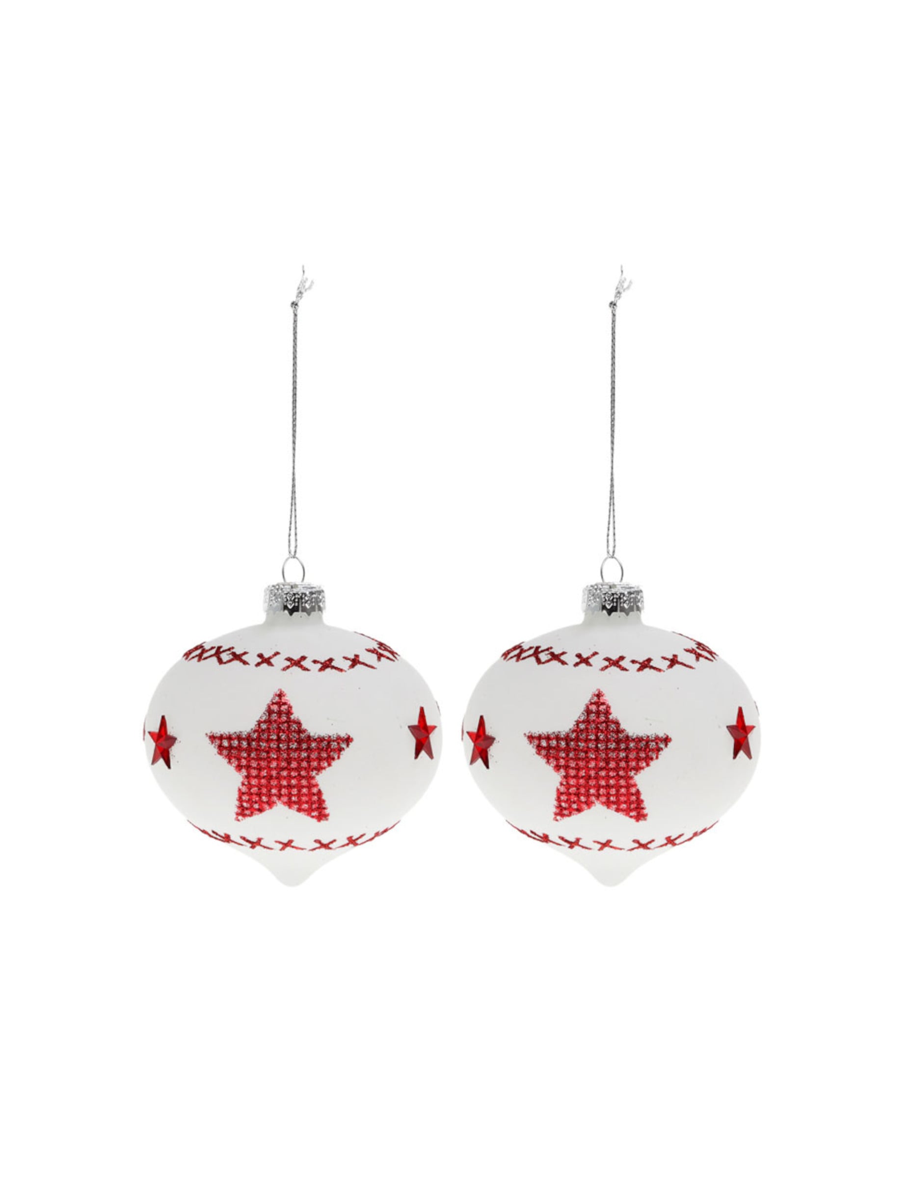 2 boules en verre blanches avec étoiles rouges