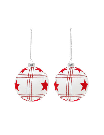 2 fehér üveg gömb piros csillagokkal 8 cm 