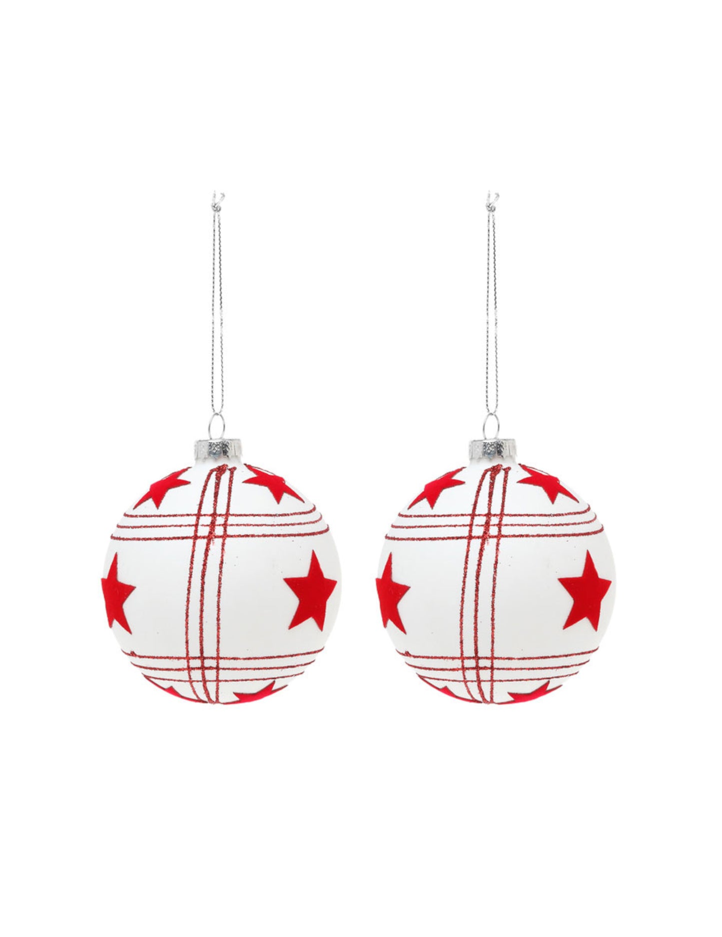 2 fehér üveggolyó piros csillagokkal 8 cm fenyőfára