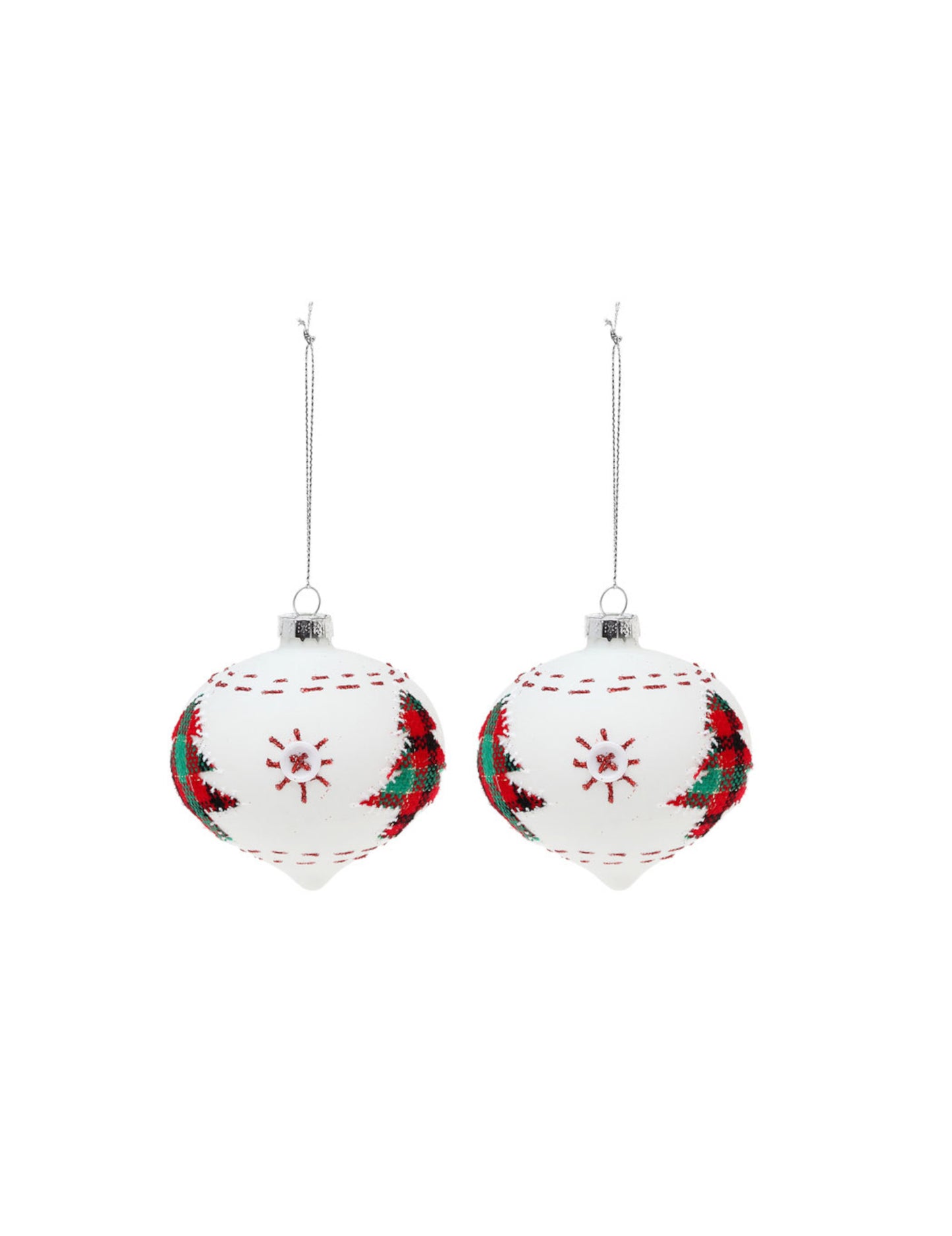 2 db fehér üveggömb fenyőfákkal 8 cm, karácsonyi dekoráció