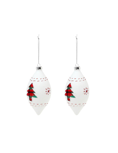 2 boules en verre goutte décor traditionnel blanches avec sapins rouges et verts