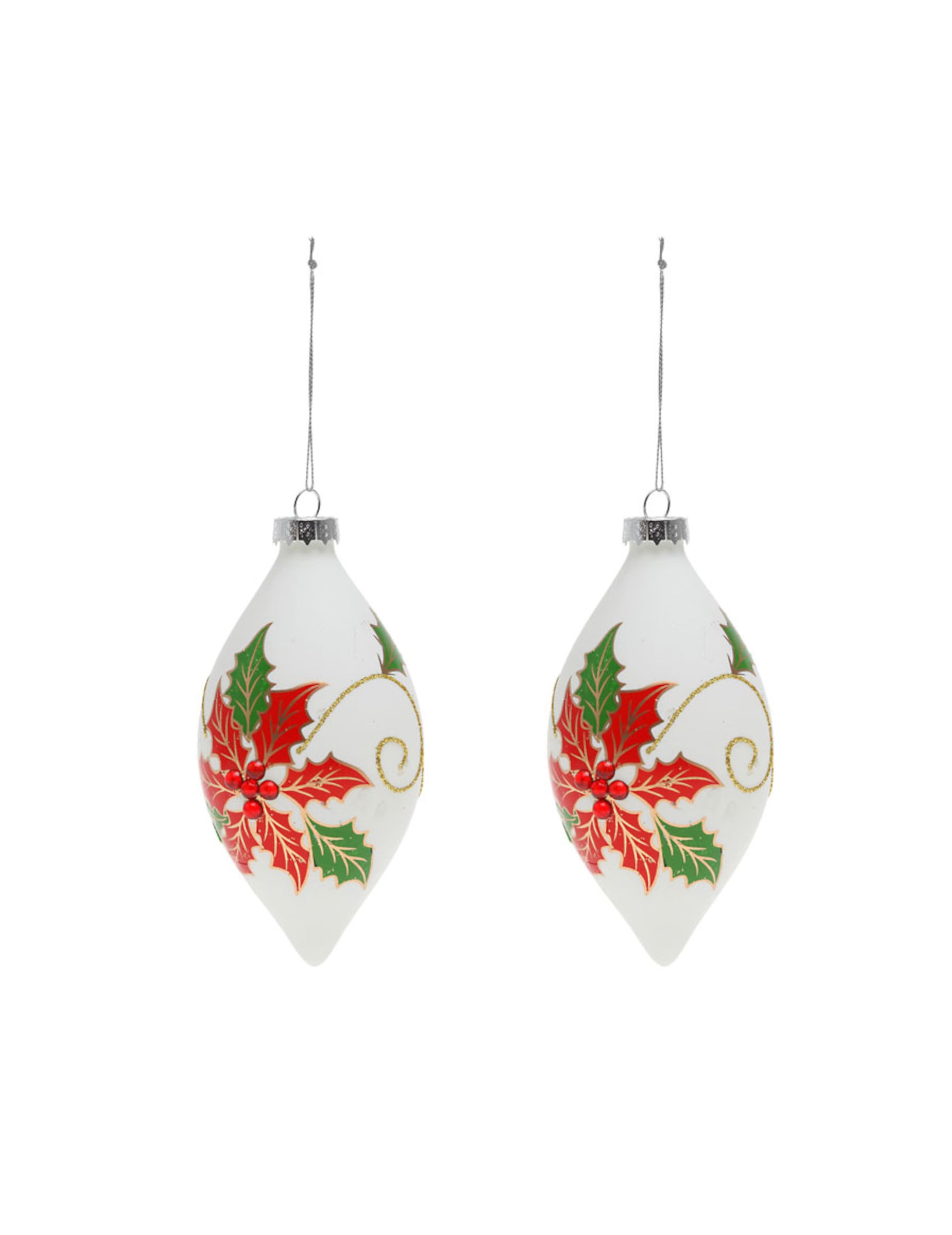 Boules en verre goutte houx pour décoration sapin blanches avec motifs rouges et verts