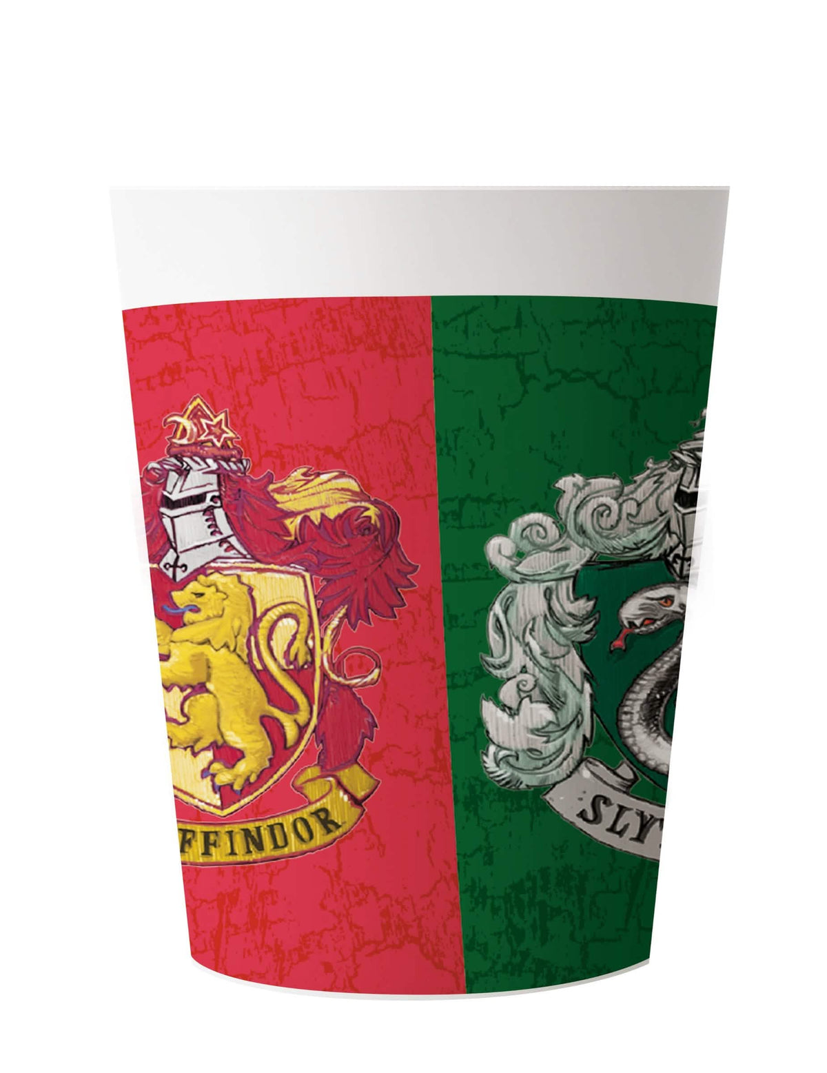 Újrahasználható műanyag Harry Potter poharak gyermekeknek, piros és zöld színben, Griffendél és Mardekár címereivel