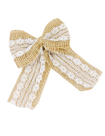 Nœuds en toile de jute et dentelle pour mariage champêtre beige et blanc