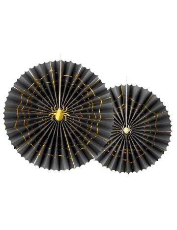 2 díszes fekete és arany pókmintás papírrozetta, 32-es és 40-es méretben cm Halloweenre
