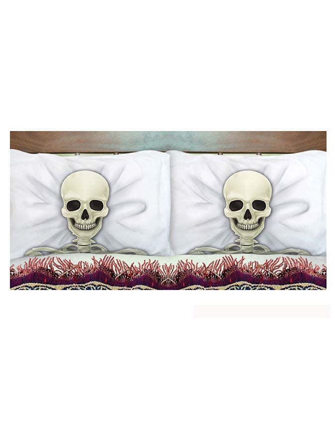Taies d'oreiller squelette pour Halloween blanches avec crâne