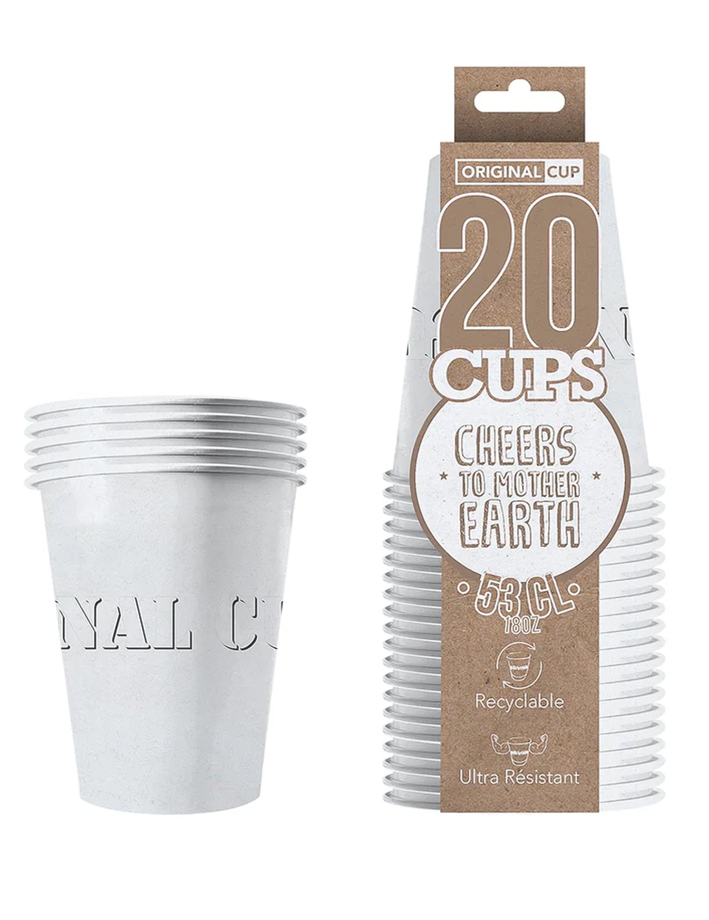 Vue de l'emballage des gobelets américains carton recyclable blanc 53 cl