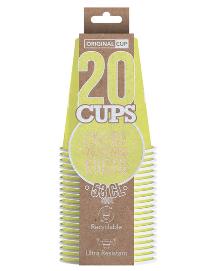 Vue de face du lot de gobelets américains en carton recyclable jaune pastel