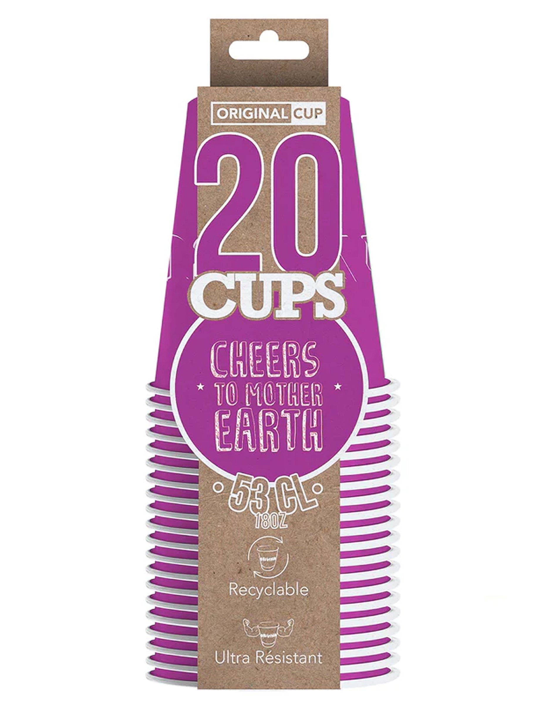 Vue de face de l'emballage des gobelets américains en carton recyclable violets