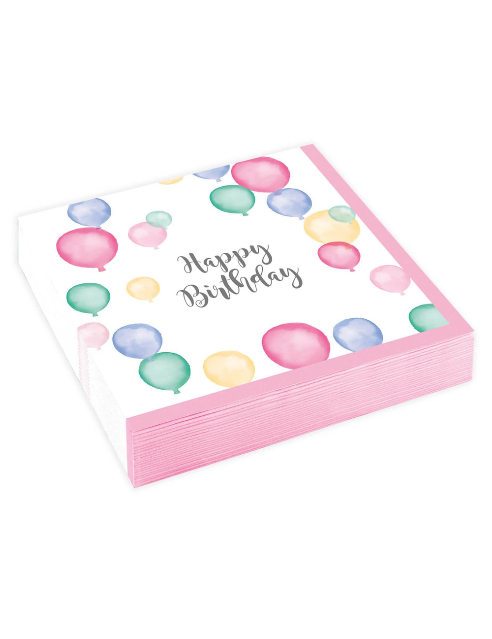 papírszalvéták Happy Birthday lufik pasztellszínekben, fehér és rózsaszín akvarellmintával