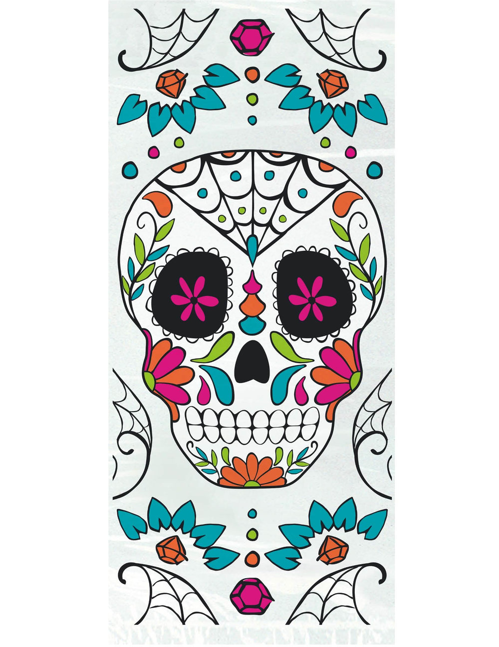 Műanyag cukorkák zacskói Dia de los muertos bulihoz, fehérek, színes mexikói koponyafej mintákkal