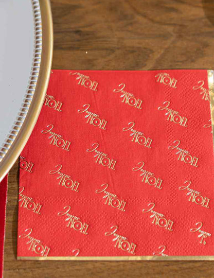 20 serviettes cocktail Joyeux Noël L'Intemporel rouge et or 24 x 24 cm