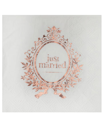 Petites serviettes Just Married pour mariage chic blanches et rose gold