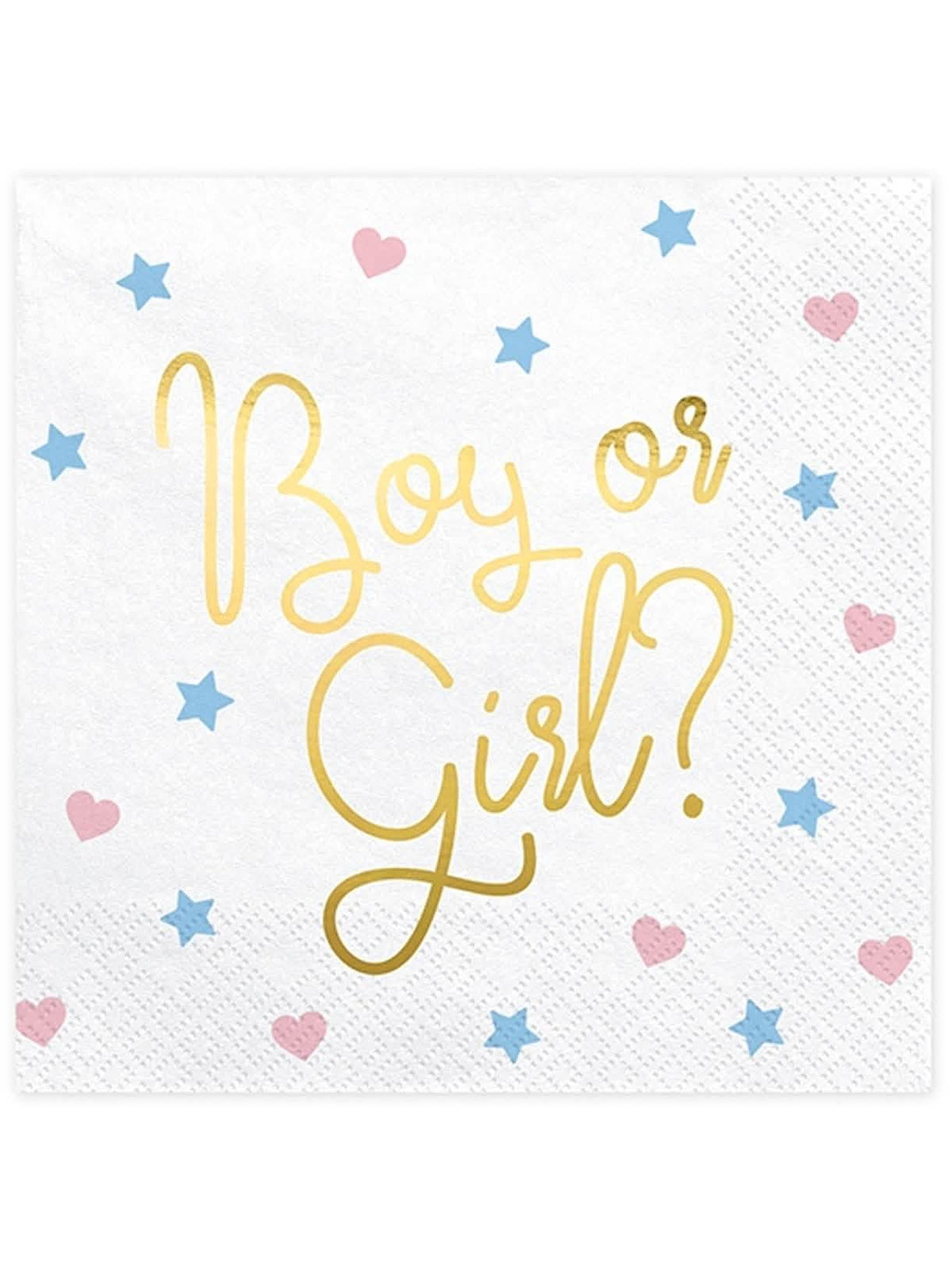 papírszalvéták Boy or Girl babaváróra, fehér színűek, arany feliratokkal, szívekkel és csillagokkal