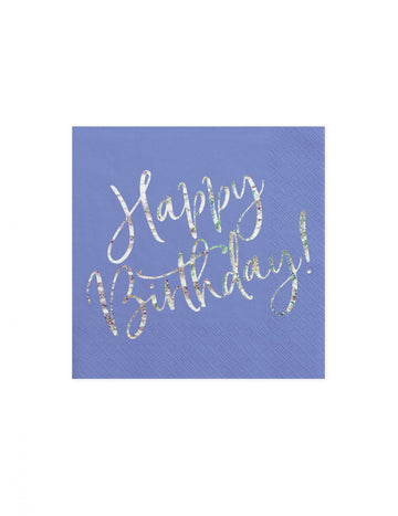 20 db irizáló kék "Boldog születésnapot" papírszalvéta, 33 x 33 cm cm levendula kék