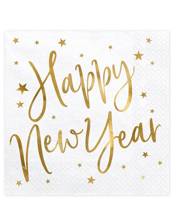 20 db fehér és arany színű Boldog Új Évet papírszalvéta, 33 x 33 cm cm csillag