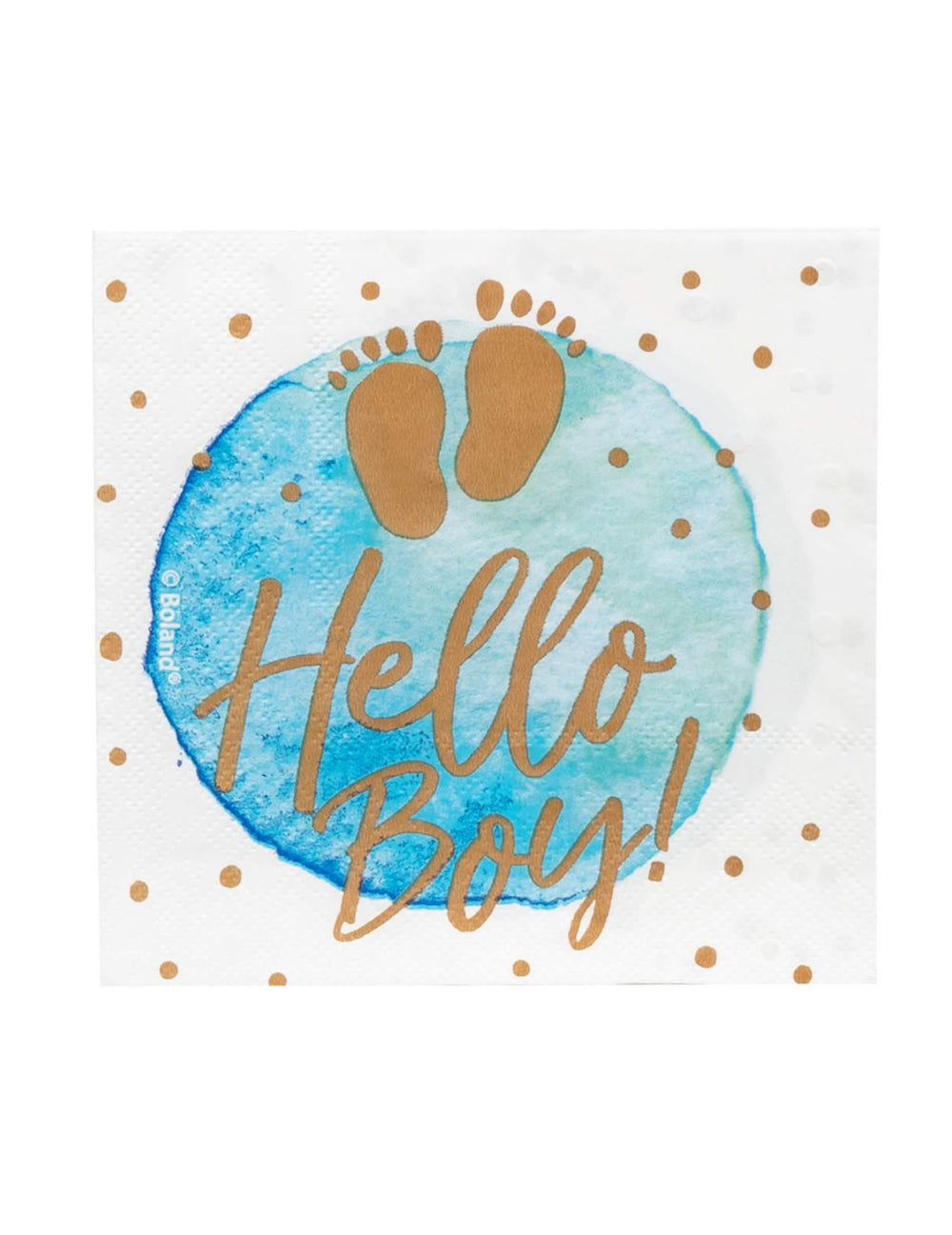 papírszalvéták hello boy baby showerre kék és arany lábnyomokkal