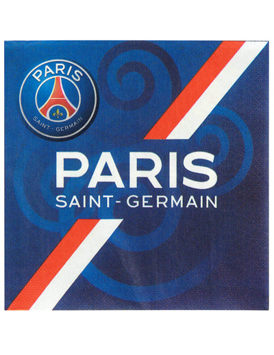 Serviettes en papier PSG bleues avec logo et bandes rouges et blanches